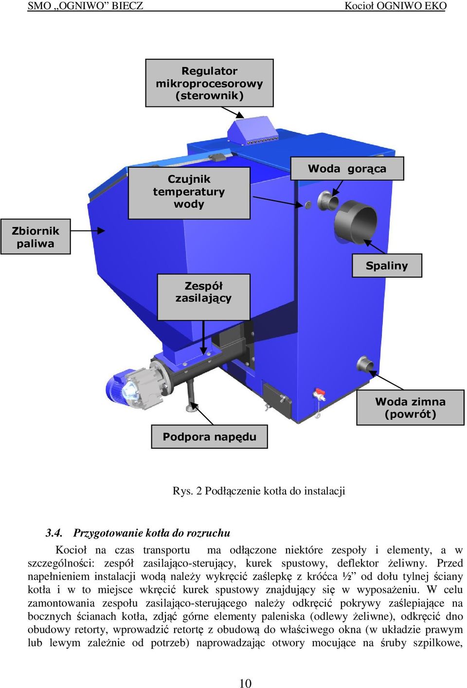 Przed napełnieniem instalacji wodą należy wykręcić zaślepkę z króćca ½ od dołu tylnej ściany kotła i w to miejsce wkręcić kurek spustowy znajdujący się w wyposażeniu.