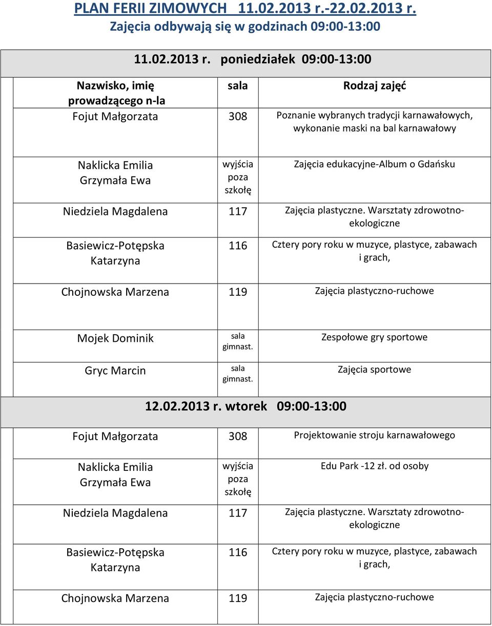 Zajęcia odbywają się w godzinach 09:00-13:00 11.02.2013 r.