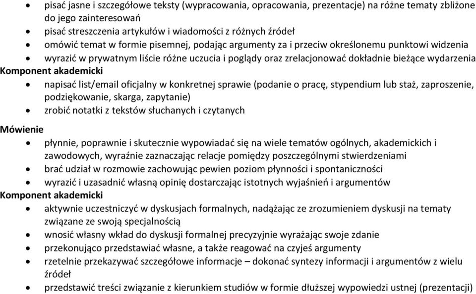 oficjalny w konkretnej sprawie (podanie o pracę, stypendium lub staż, zaproszenie, podziękowanie, skarga, zapytanie) zrobić notatki z tekstów słuchanych i czytanych Mówienie płynnie, poprawnie i