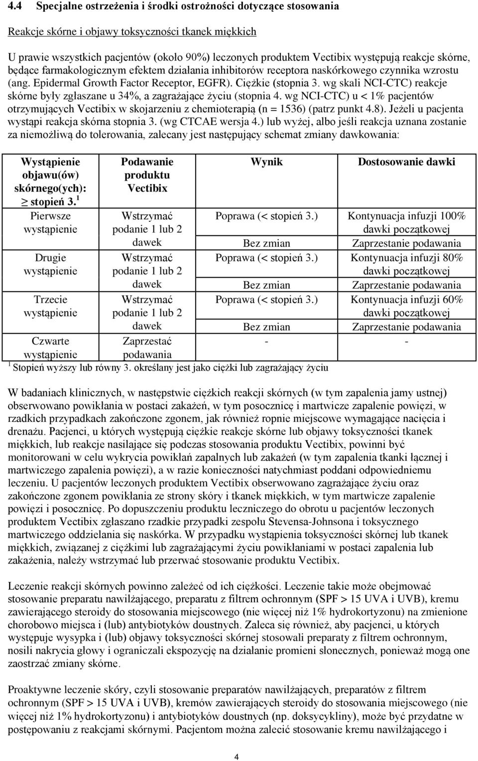 wg skali NCI-CTC) reakcje skórne były zgłaszane u 34%, a zagrażające życiu (stopnia 4. wg NCI-CTC) u < 1% pacjentów otrzymujących Vectibix w skojarzeniu z chemioterapią (n = 1536) (patrz punkt 4.8).