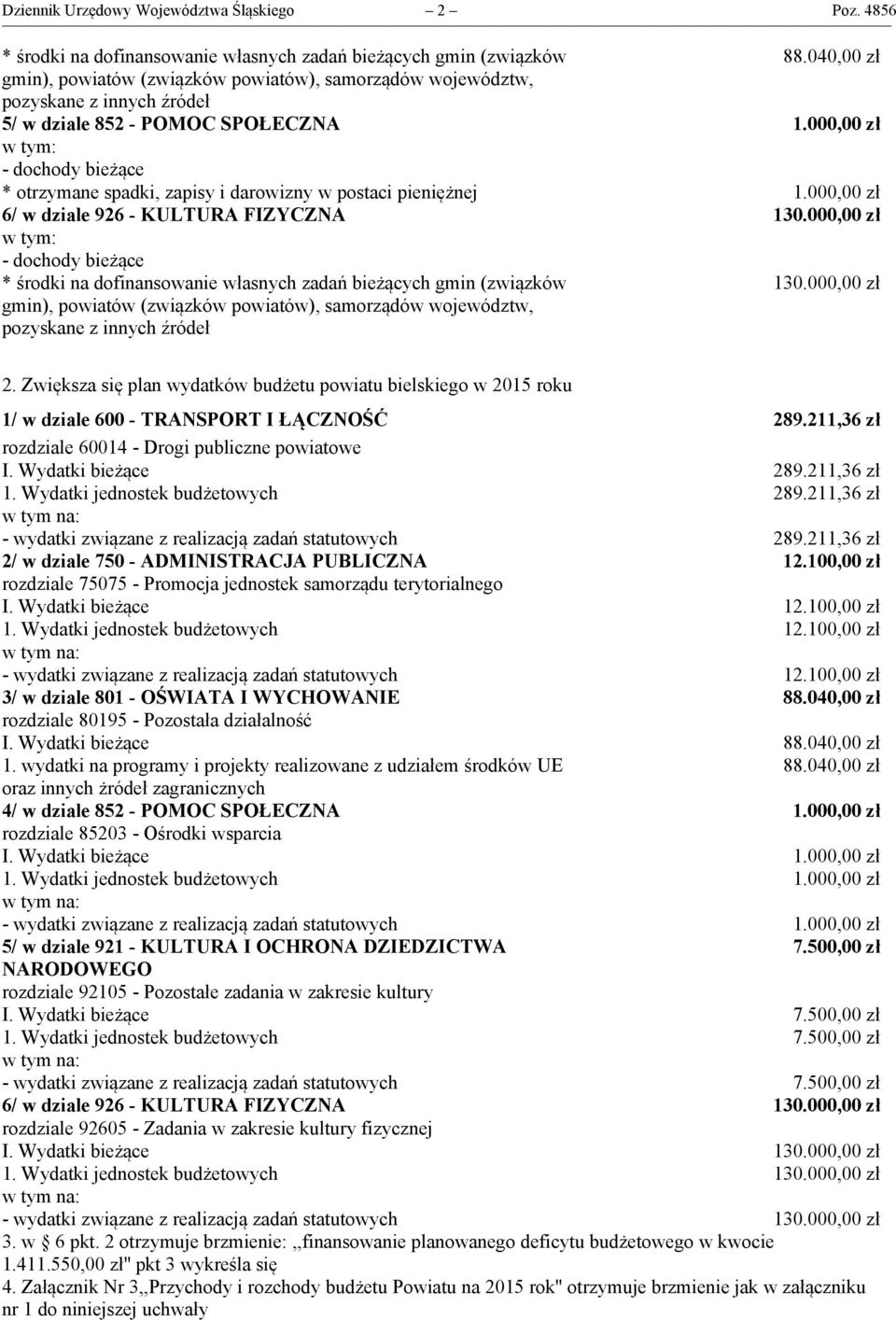 040,00 zł 5/ w dziale 852 - POMOC SPOŁECZNA 1.000,00 zł - dochody bieżące * otrzymane spadki, zapisy i darowizny w postaci pieniężnej 1.000,00 zł 6/ w dziale 926 - KULTURA FIZYCZNA 130.