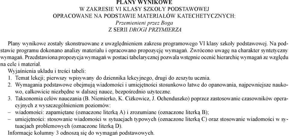 Przedstawiona propozycja wymagań w postaci tabelarycznej pozwala wstępnie ocenić hierarchię wymagań ze względu na cele i materiał. Wyjaśnienia układu i treści tabeli: 1.