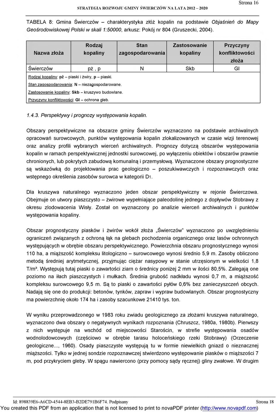 Stan zagospodarowania: N - niezagospodarowane. Zastosowanie kopaliny: Skb - kruszywo budowlane. Przyczyny konfliktowości: Gl - ochrona gleb. 1.4.3. Perspektywy i prognozy występowania kopalin.