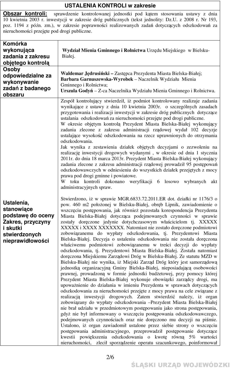 Komórka wykonująca zadania z zakresu objętego kontrolą Osoby odpowiedzialne za wykonywanie zadań z badanego obszaru Ustalenia, stanowiące podstawę do oceny Zakres, przyczyny i skutki stwierdzonych