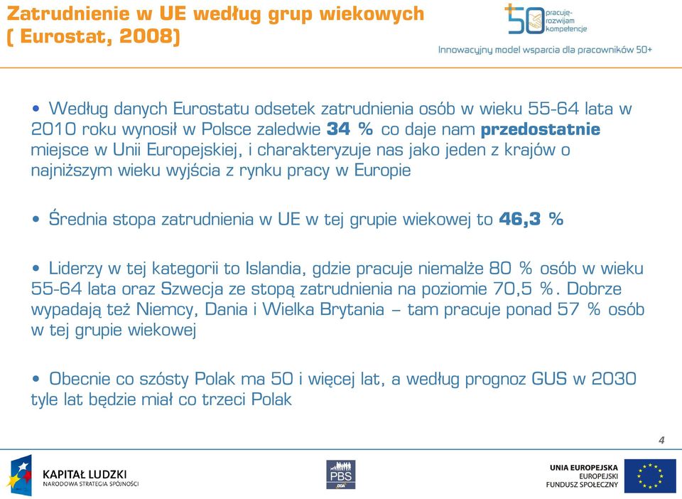 wiekowej to 46,3 % Liderzy w tej kategorii to Islandia, gdzie pracuje niemalże 80 % osób w wieku 55-64 lata oraz Szwecja ze stopą zatrudnienia na poziomie 70,5 %.