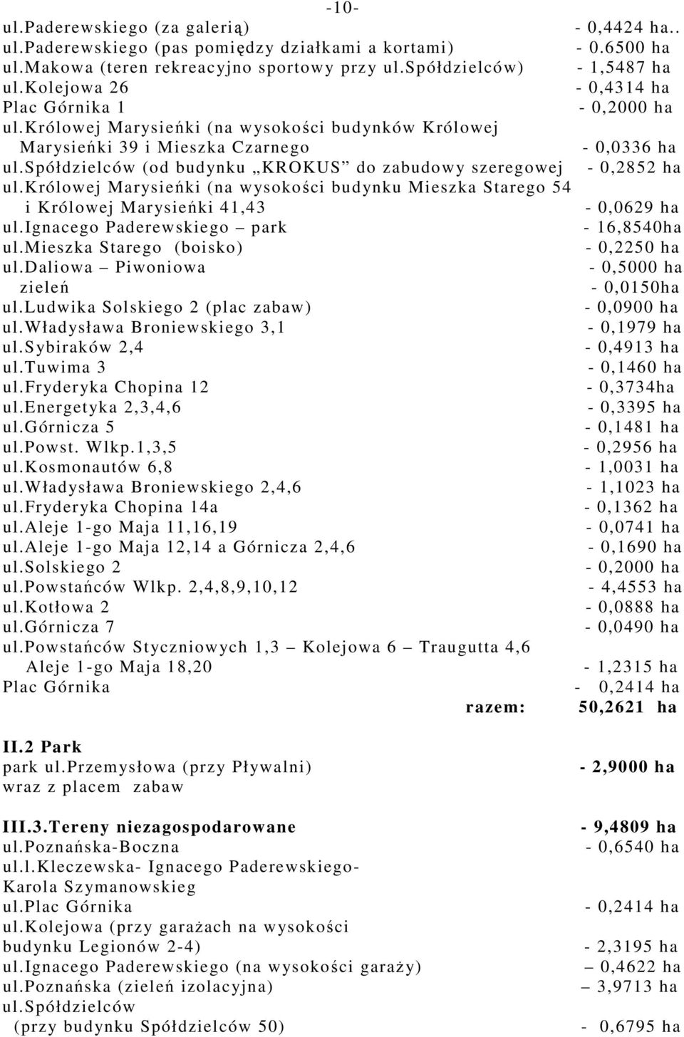 spółdzielców (od budynku KROKUS do zabudowy szeregowej - 0,2852 ha ul.królowej Marysieńki (na wysokości budynku Mieszka Starego 54 i Królowej Marysieńki 41,43-0,0629 ha ul.