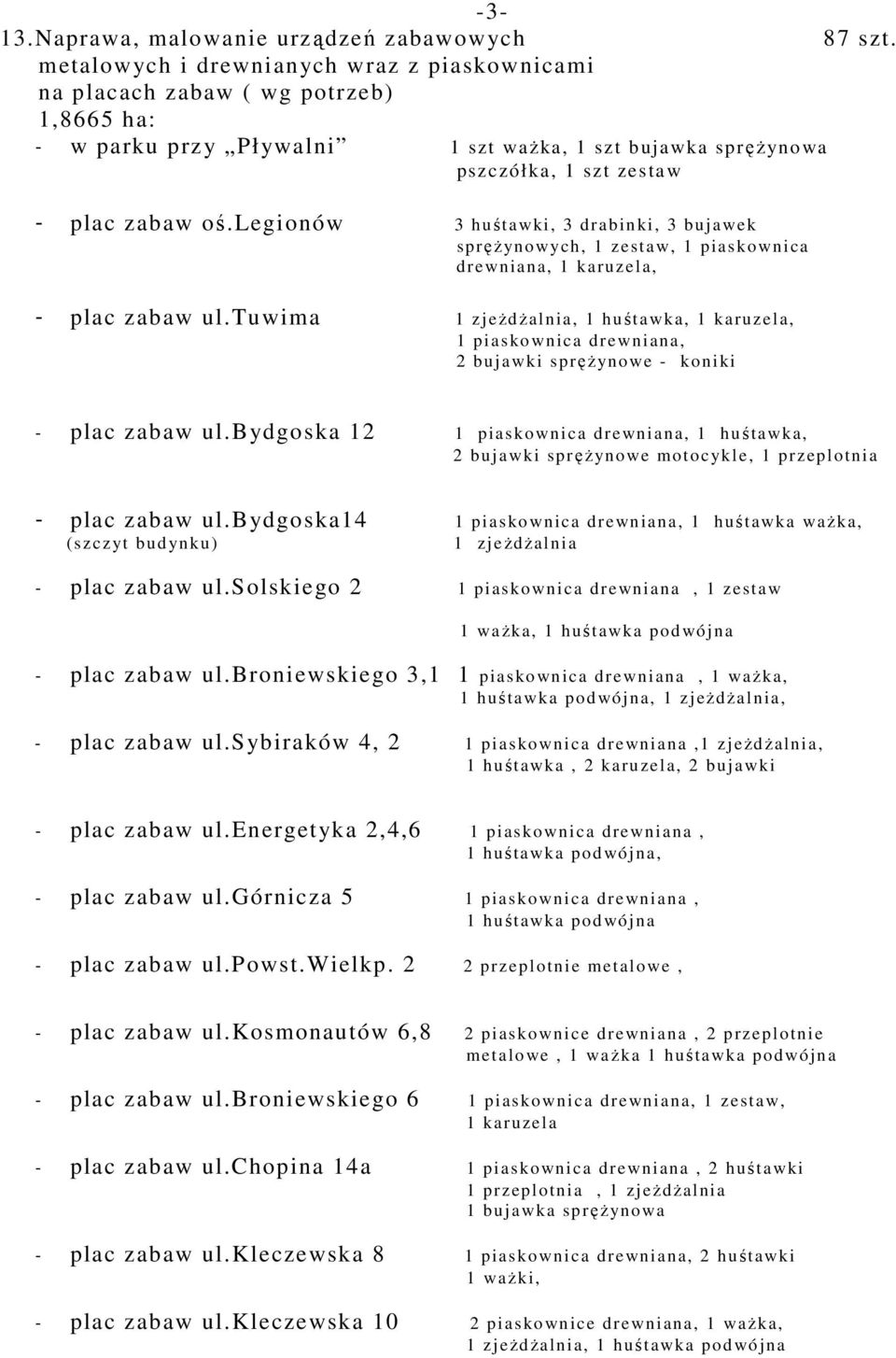 legionów 3 huśtawki, 3 drabin ki, 3 bujawek spręŝyno wych, 1 zestaw, 1 piasko wnica drewniana, 1 karuzela, - plac zabaw ul.