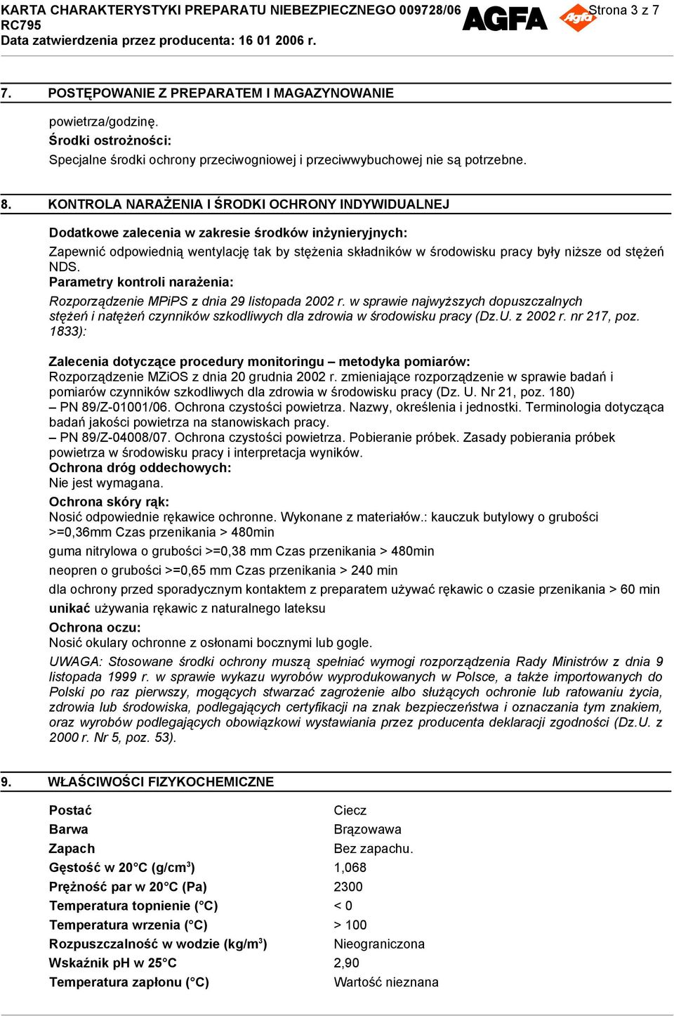 stężeń NDS. Parametry kontroli narażenia: Rozporządzenie MPiPS z dnia 29 listopada 2002 r.