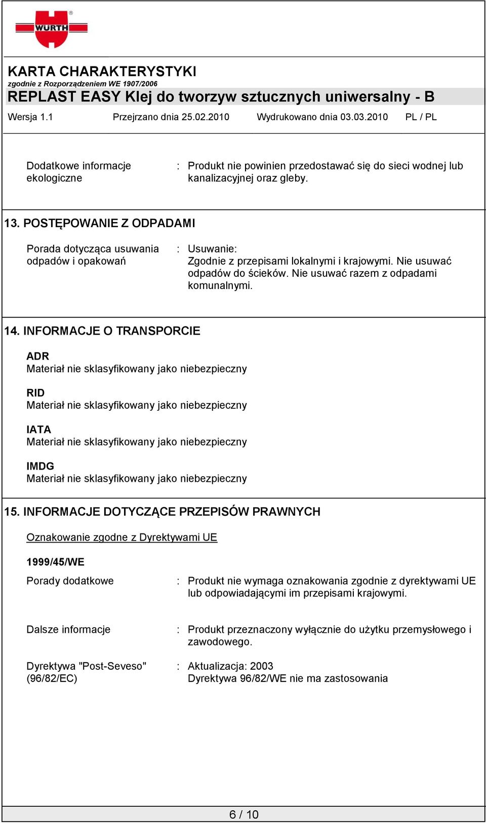 INFORMACJE O TRANSPORCIE ADR Materiał nie sklasyfikowany jako niebezpieczny RID Materiał nie sklasyfikowany jako niebezpieczny IATA Materiał nie sklasyfikowany jako niebezpieczny IMDG Materiał nie