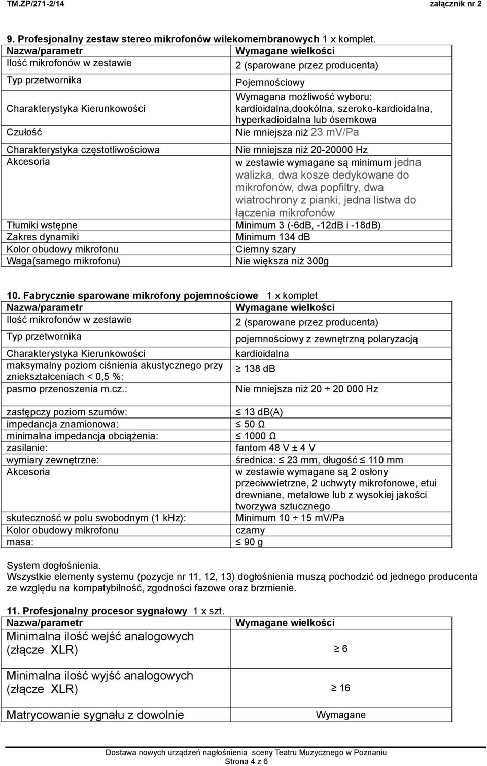 Pojemnościowy Wymagana możliwość wyboru: kardioidalna,dookólna, szeroko-kardioidalna, hyperkadioidalna lub ósemkowa Nie mniejsza niż 23 mv/pa Nie mniejsza niż 20-20000 Hz w zestawie wymagane są