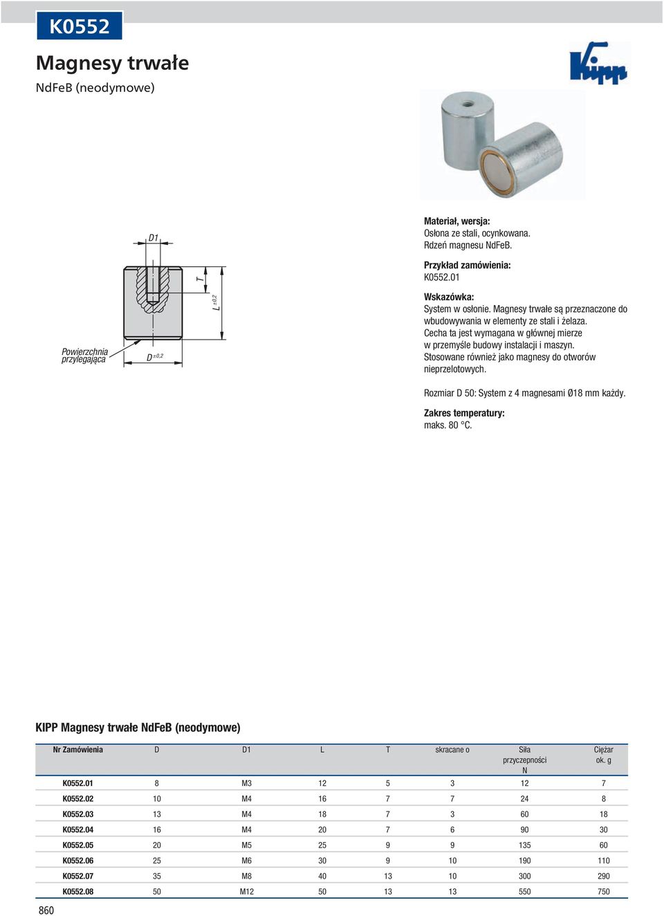 Rozmiar 50: System z 4 magnesami Ø18 mm każdy. maks. 80 C. KIPP dfeb (neodymowe) 860 r Zamówienia 1 T skracane o Siła Ciężar przyczepności ok. g K0552.