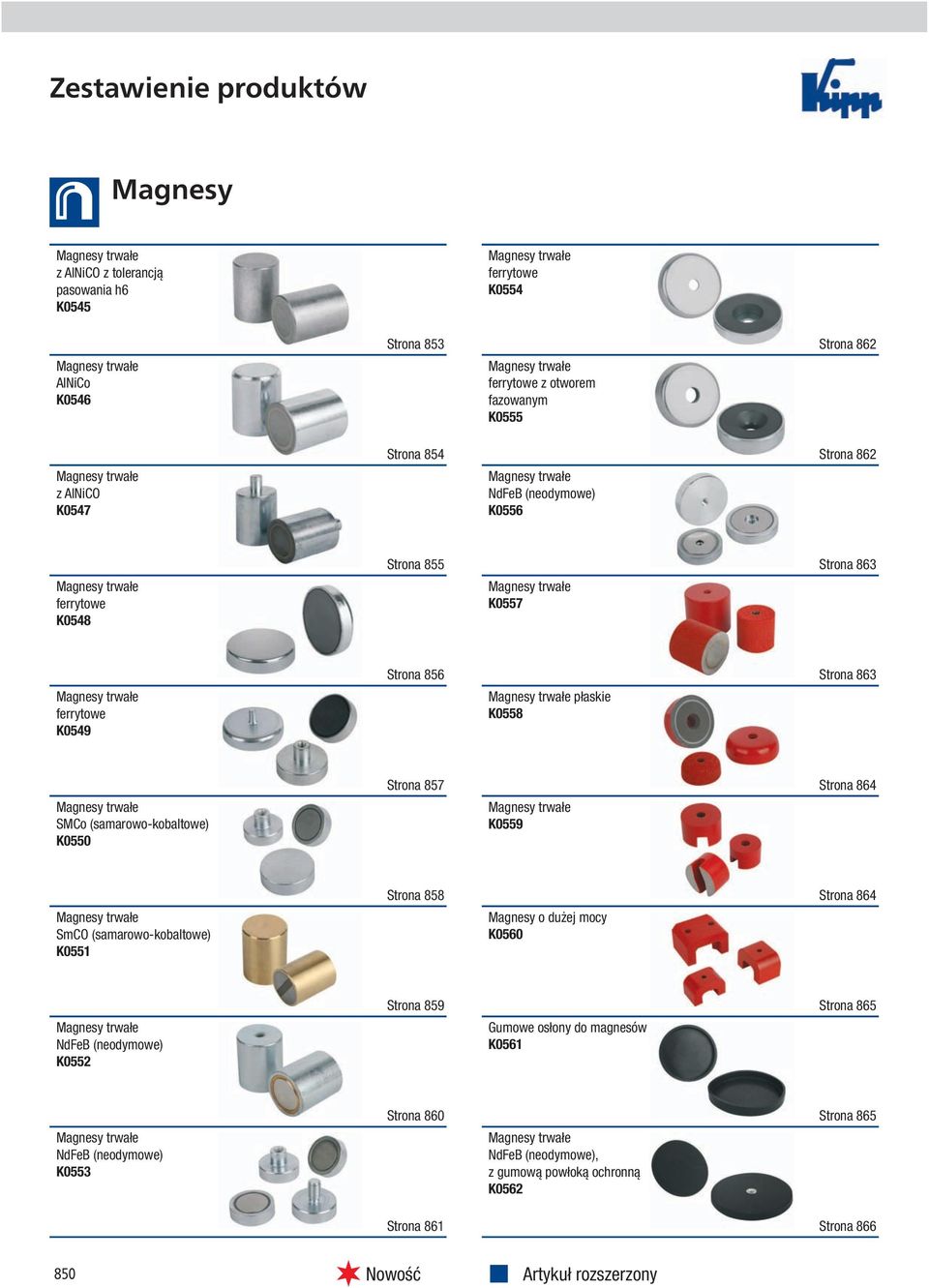 (samarowo-kobaltowe) K0550 Strona 857 K0559 Strona 864 SmCO (samarowo-kobaltowe) K0551 Strona 858 Magnesy o dużej mocy K0560 Strona 864 dfeb (neodymowe) K0552 Strona