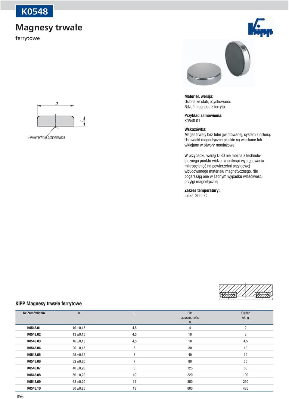 ie pogarszają one w żadnym wypadku właściwości przylgi magnetycznej. maks. 200 C. KIPP ferrytowe 856 r Zamówienia Siła Ciężar przyczepności ok. g K0548.01 10 ±0,15 4,5 4 2 K0548.
