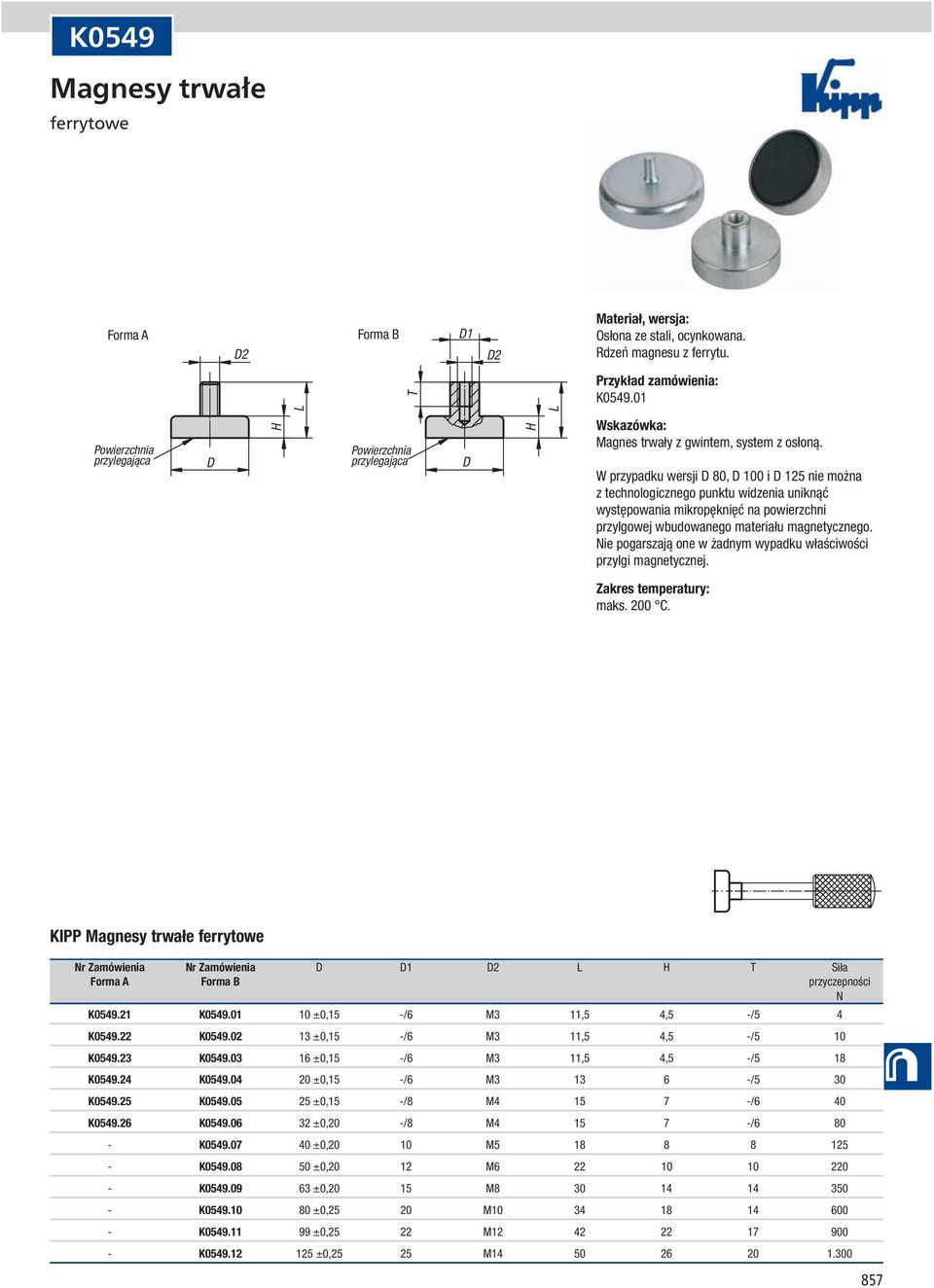 ie pogarszają one w żadnym wypadku właściwości przylgi magnetycznej. maks. 200 C. KIPP ferrytowe r Zamówienia r Zamówienia 1 2 T Siła Forma A Forma B przyczepności K0549.21 K0549.