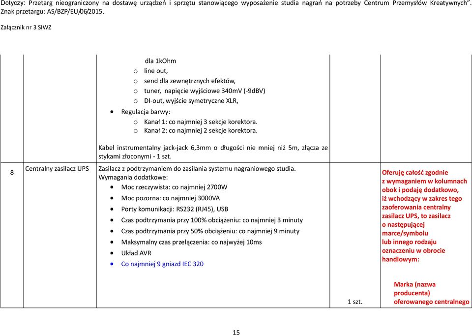 8 Centralny zasilacz UPS Zasilacz z podtrzymaniem do zasilania systemu nagraniowego studia.