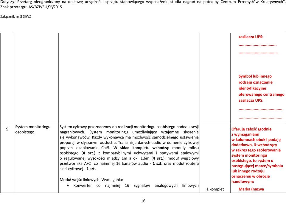 Transmisja danych audio w domenie cyfrowej poprzez okablowanie Cat5. W skład kompletu wchodzą: moduły miksu osobistego (4 szt.