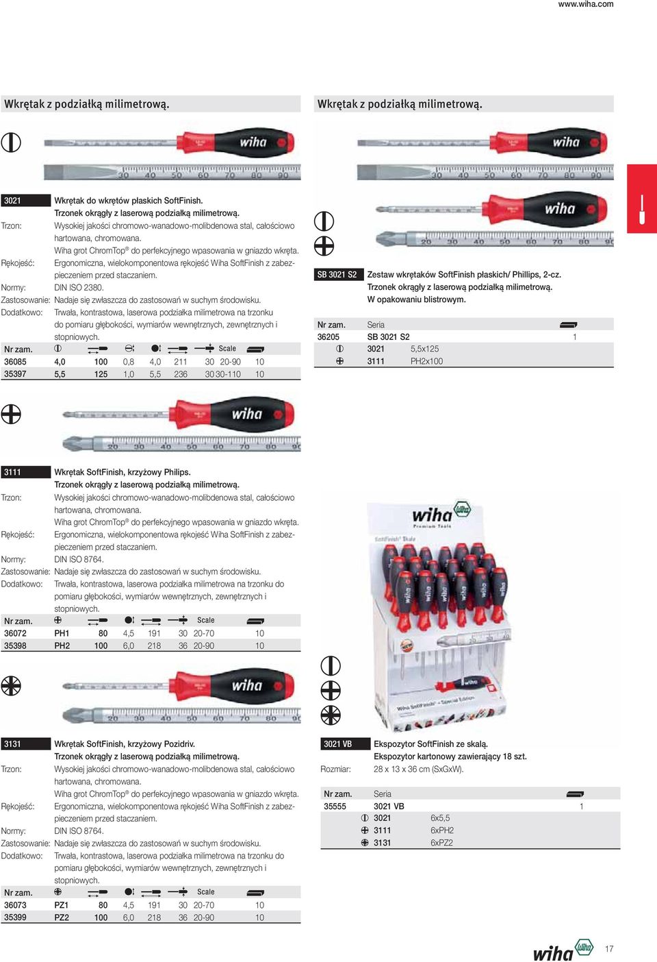 Rękojeść: Ergonomiczna, wielokomponentowa rękojeść Wiha SoftFinish z zabezpieczeniem przed staczaniem. Normy: DIN ISO 2380. Zastosowanie: Nadaje się zwłaszcza do zastosowań w suchym środowisku.