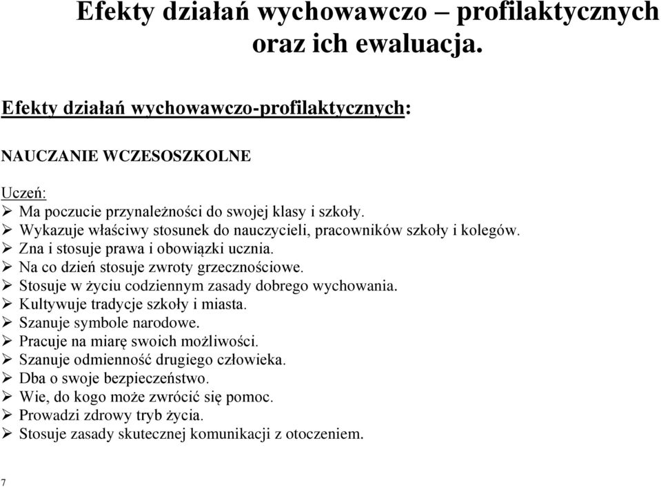 Wykazuje właściwy stosunek do nauczycieli, pracowników szkoły i kolegów. Zna i stosuje prawa i obowiązki ucznia. Na co dzień stosuje zwroty grzecznościowe.