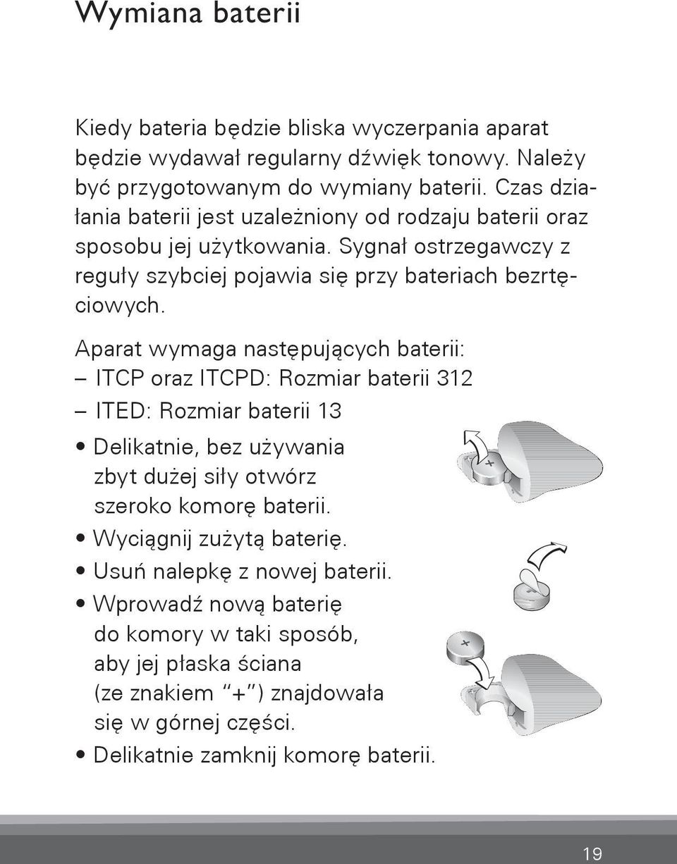 Aparat wymaga następujących baterii: ITCP oraz ITCPD: Rozmiar baterii 312 ITED: Rozmiar baterii 13 Delikatnie, bez używania zbyt dużej siły otwórz szeroko komorę baterii.