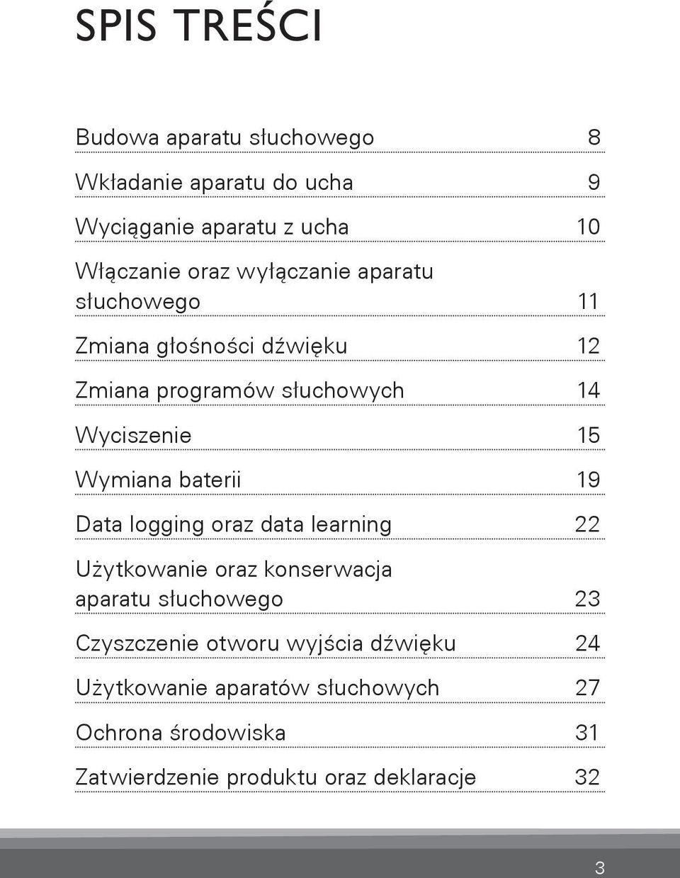 baterii 19 Data logging oraz data learning 22 Użytkowanie oraz konserwacja aparatu słuchowego 23 Czyszczenie otworu