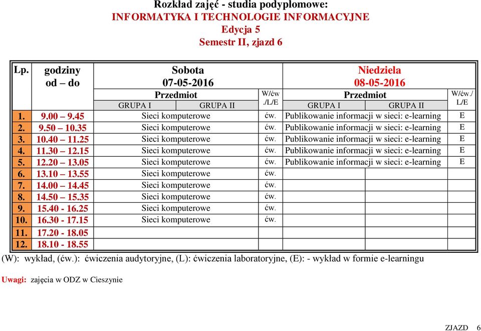 15 Sieci komputerowe ćw. Publikowanie informacji w sieci: e-learning E 5. 12.20 13.05 Sieci komputerowe ćw. Publikowanie informacji w sieci: e-learning E 6. 13.10 13.