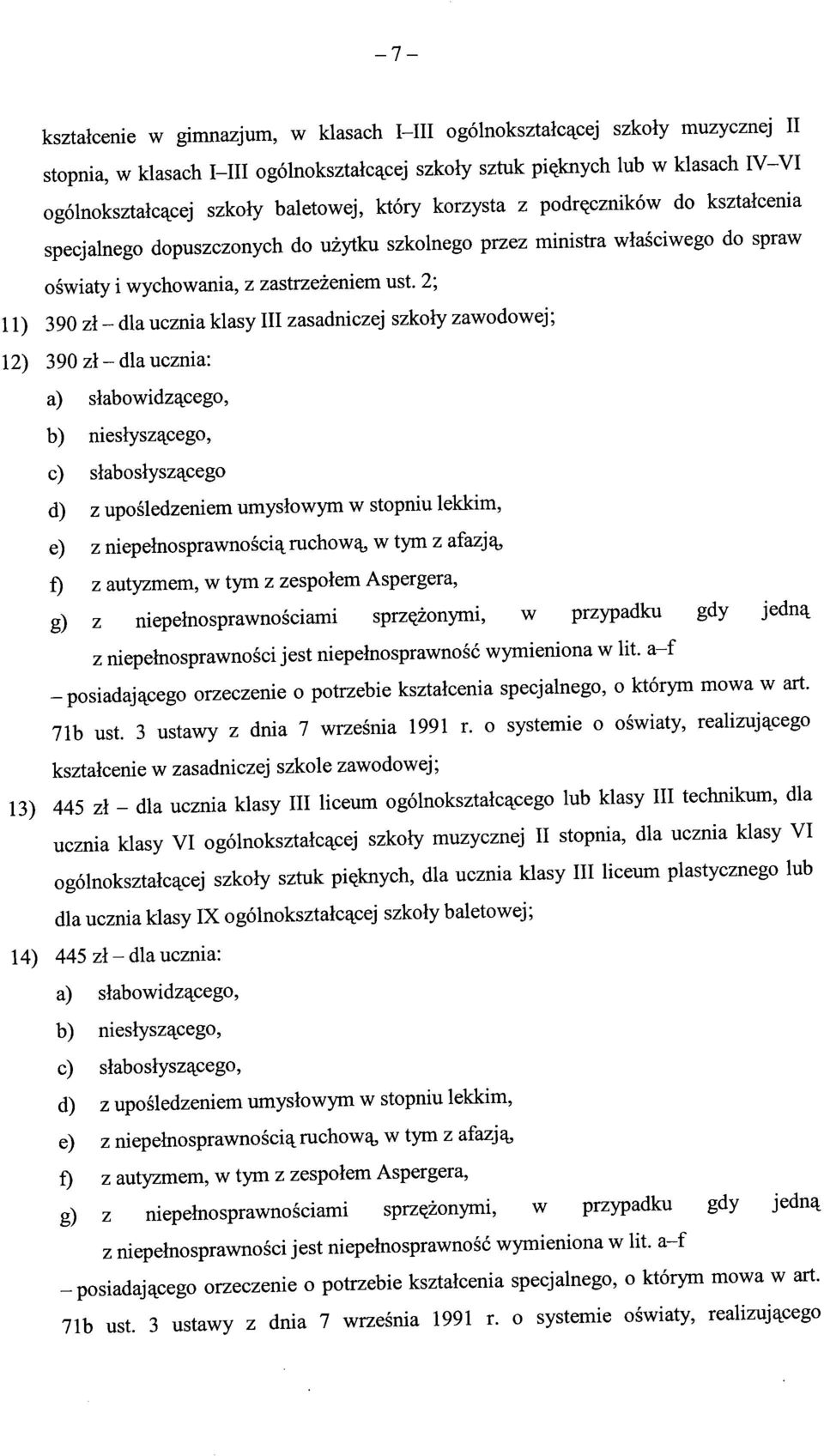 2; 11) 390 zl - dla ucznia klasy III zasadniczej szkoly zawodowej; 12) 390 zl-dla ucznia: a) slabowidz^cego, b) nieslysz^cego, c) slaboslysz^cego d) z uposledzeniem umyslowym w stopniu lekkim, e) z