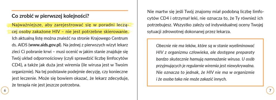 Na jednej z pierwszych wizyt lekarz zleci Ci pobranie krwi musi ocenić w jakim stanie znajduje się Twój układ odpornościowy (czyli sprawdzić liczbę limfocytów CD4), a także jak duża jest wiremia (ile