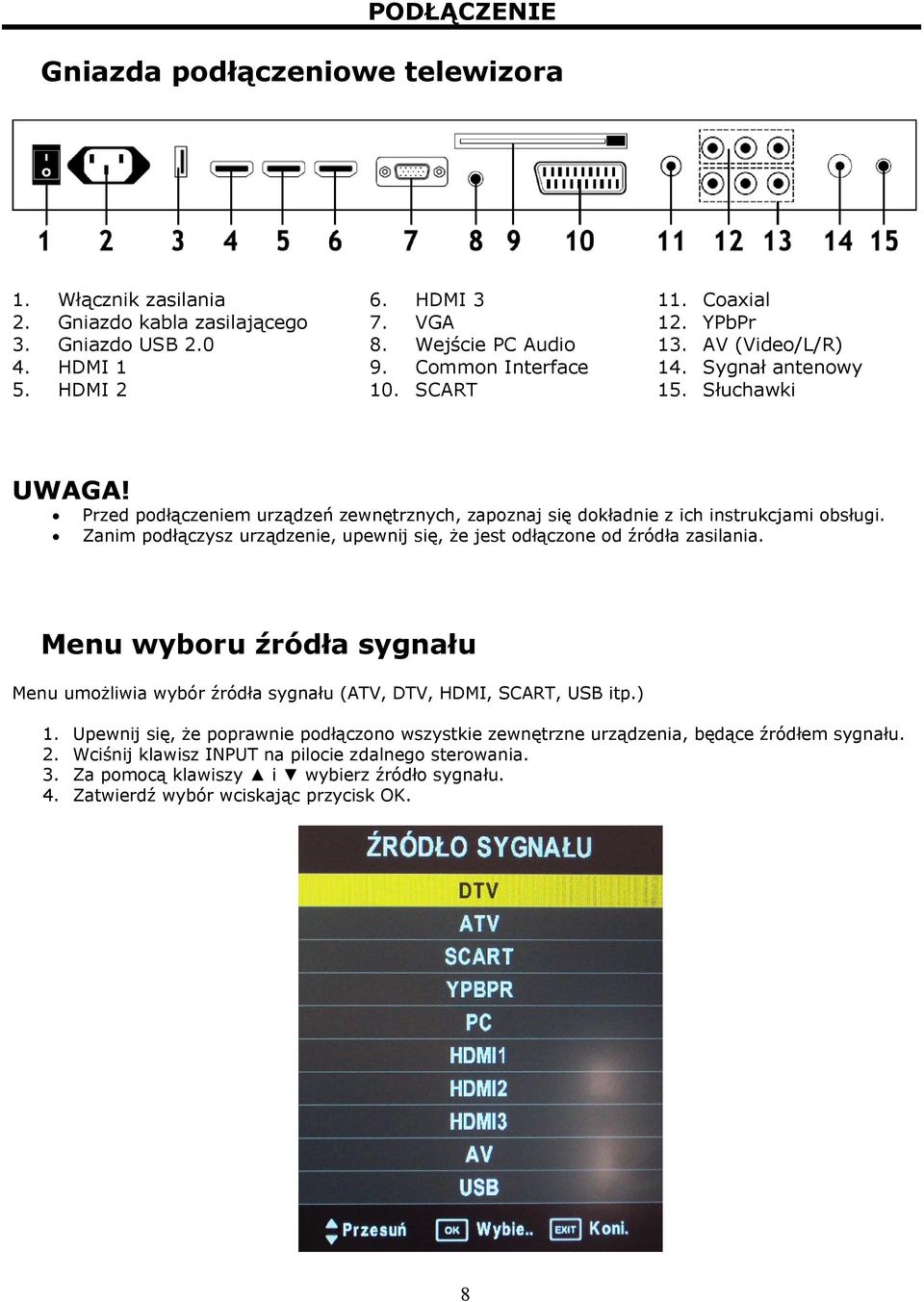 Zanim podłączysz urządzenie, upewnij się, że jest odłączone od źródła zasilania. Menu wyboru źródła sygnału Menu umożliwia wybór źródła sygnału (ATV, DTV, HDMI, SCART, USB itp.) 1.