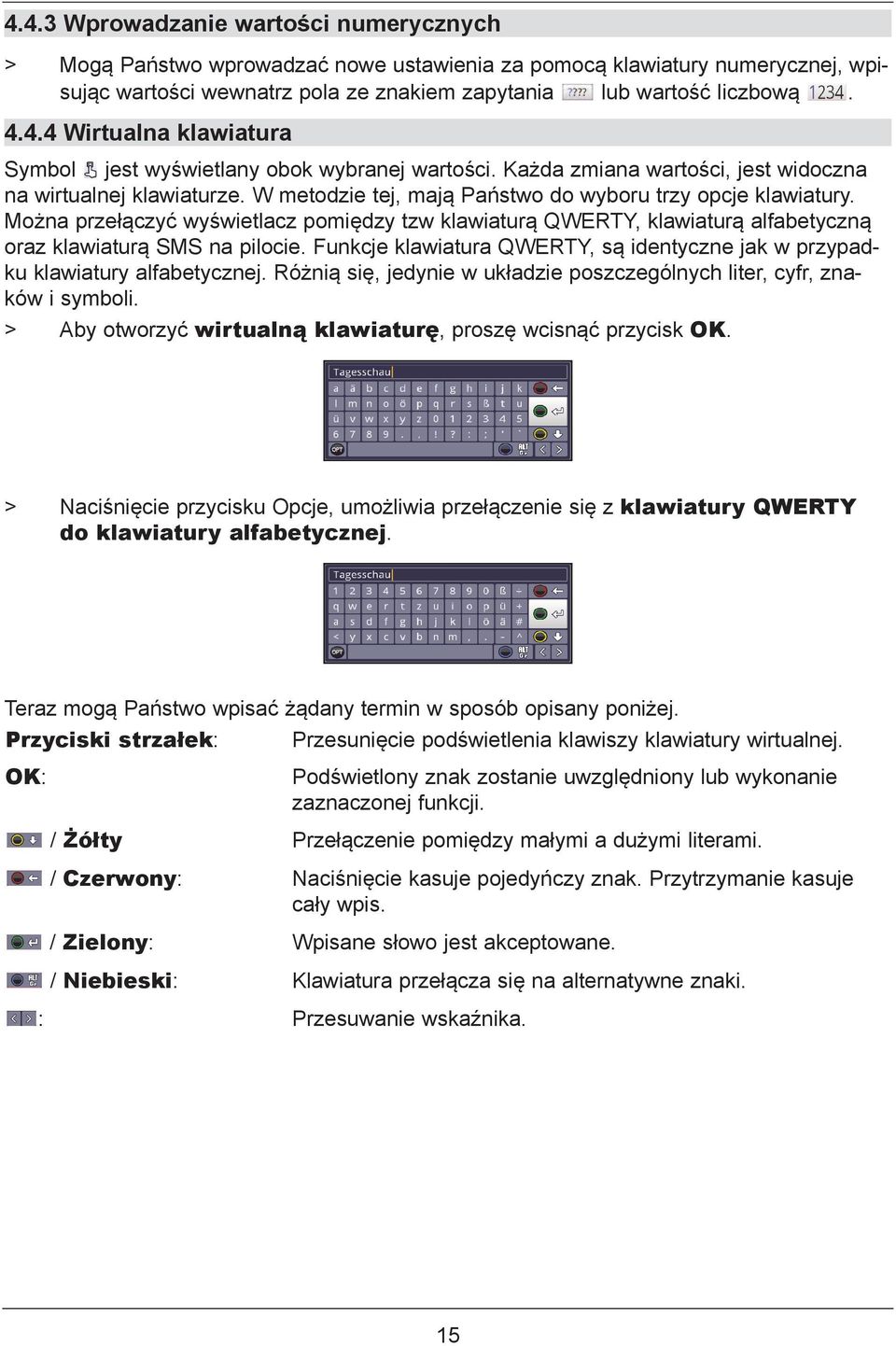 Można przełączyć wyświetlacz pomiędzy tzw klawiaturą QWERTY, klawiaturą alfabetyczną oraz klawiaturą SMS na pilocie. Funkcje klawiatura QWERTY, są identyczne jak w przypadku klawiatury alfabetycznej.