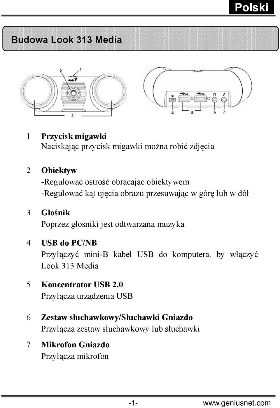 PC/NB Przyłączyć mini-b kabel USB do komputera, by włączyć Look 313 Media 5 Koncentrator USB 2.