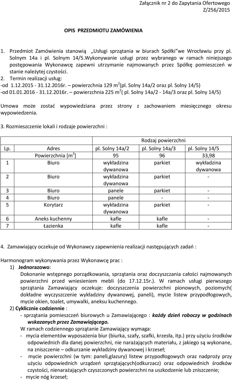 12.2015-31.12.2016r. powierzchnia 129 m 2 (pl. Solny 14a/2 oraz pl. Solny 14/5) -od 01.01.2016-31.12.2016r. powierzchnia 225 m 2 ( pl. Solny 14a/2-14a/3 oraz pl.