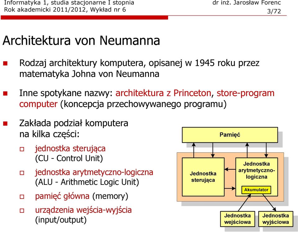 (koncepcja przechowywanego programu) Zakłada podział komputera na kilka części: jednostka sterująca (CU - Control