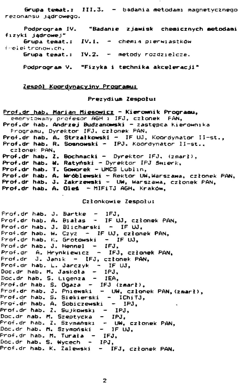 Marian Miesowicz Kierownik Programu, emerytowany profesor AGH i IFJ, członek FAN, Prof.dr hab. Andrzej Budzanowski zastępca Kierownika Programu, Dyrektor IFJ, członek PAN. Pro-f.dr hab. A. Strzał kowski - IF UJ, Koordynator II-st.