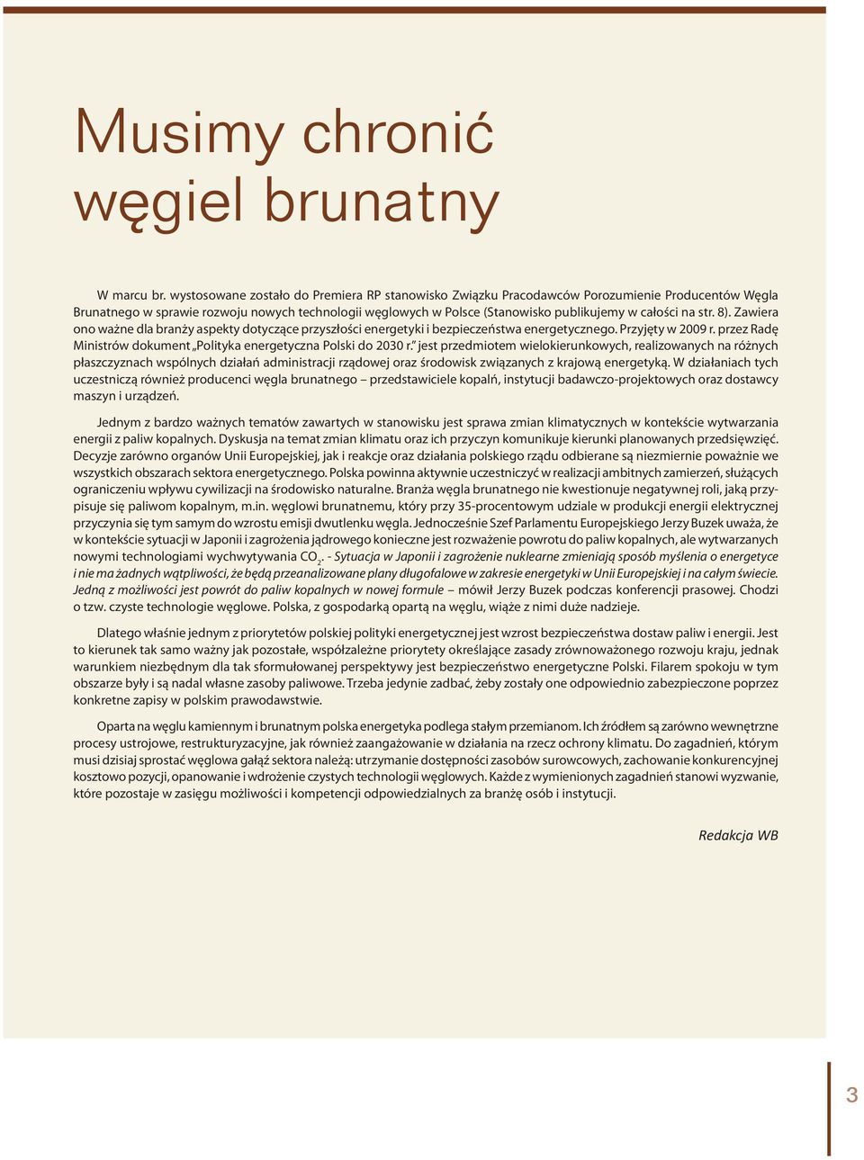 na str. 8). Zawiera ono ważne dla branży aspekty dotyczące przyszłości energetyki i bezpieczeństwa energetycznego. Przyjęty w 2009 r.