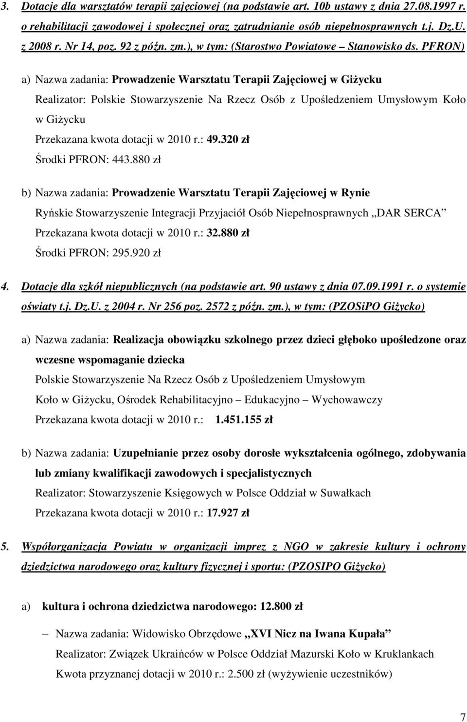 PFRON) a) Nazwa zadania: Prowadzenie Warsztatu Terapii Zajęciowej w GiŜycku Realizator: Polskie Stowarzyszenie Na Rzecz Osób z Upośledzeniem Umysłowym Koło w GiŜycku Przekazana kwota dotacji w 2010 r.