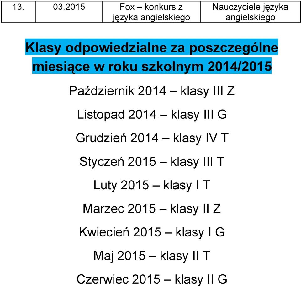 poszczególne miesiące w roku szkolnym 2014/2015 Październik 2014 klasy III Z Listopad