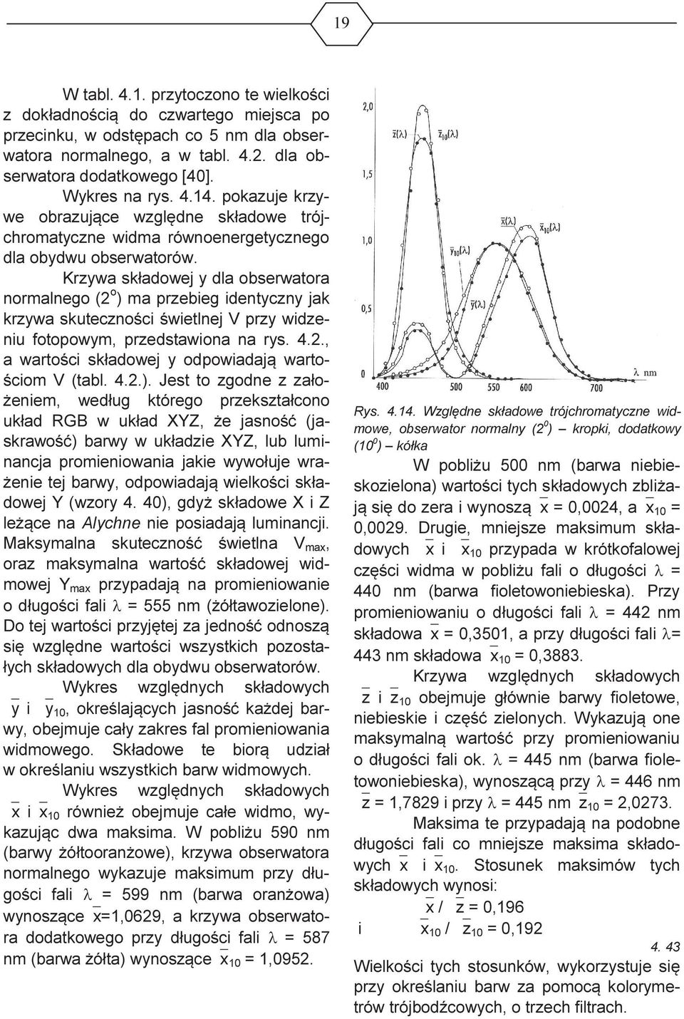 Krzywa składowej y dla obserwatora normalnego (2 o ) ma przebieg identyczny jak krzywa skuteczności świetlnej V przy widzeniu fotopowym, przedstawiona na rys. 4.2., a wartości składowej y odpowiadają wartościom V (tabl.