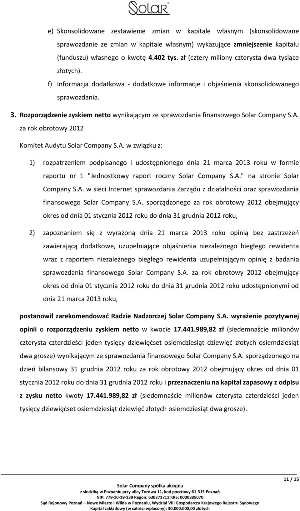 Rozporządzenie zyskiem netto wynikającym ze sprawozdania finansowego Solar Company S.A.