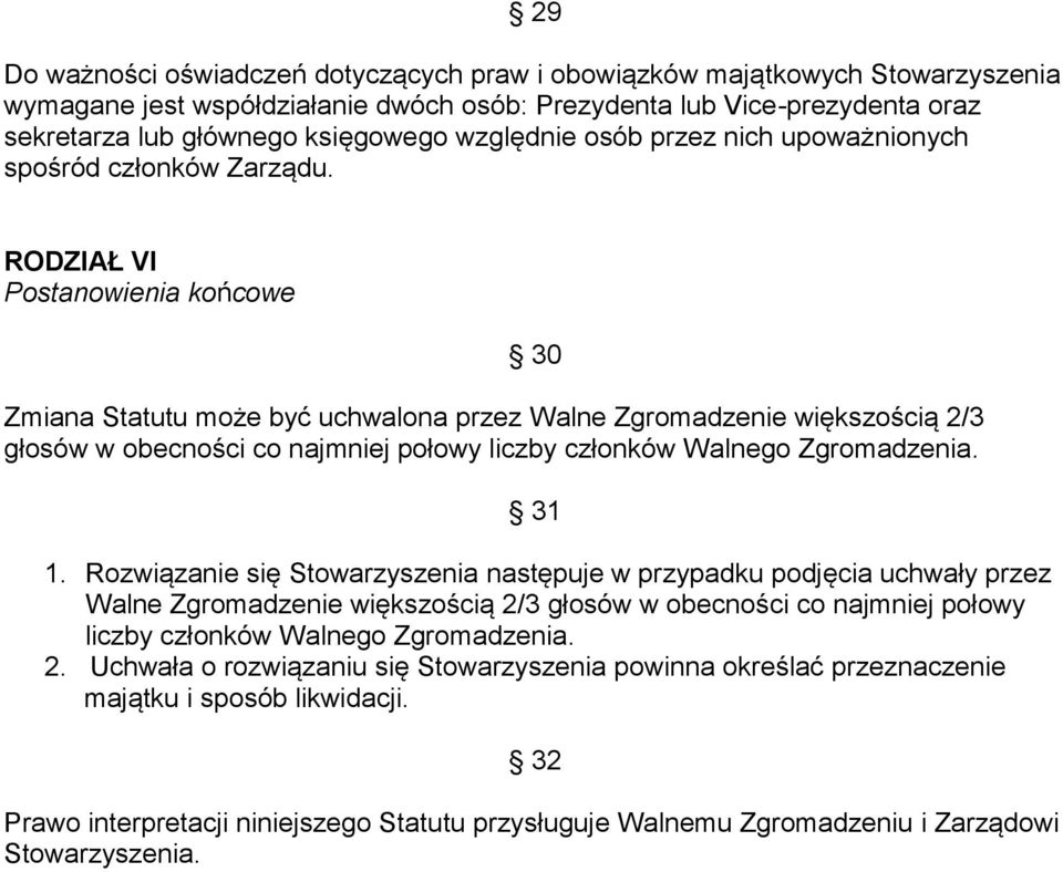 RODZIAŁ VI Postanowienia końcowe 30 Zmiana Statutu może być uchwalona przez Walne Zgromadzenie większością 2/3 głosów w obecności co najmniej połowy liczby członków Walnego Zgromadzenia. 31 1.