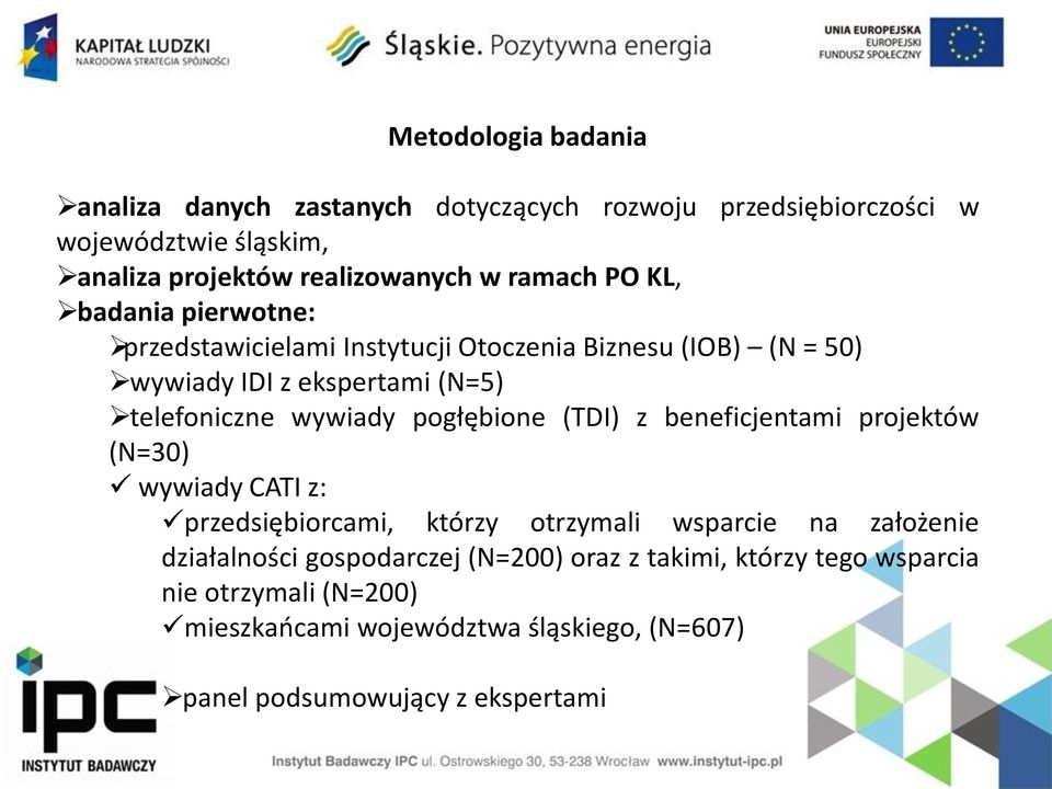 wywiady pogłębione (TDI) z beneficjentami projektów (N=30) wywiady CATI z: przedsiębiorcami, którzy otrzymali wsparcie na założenie działalności