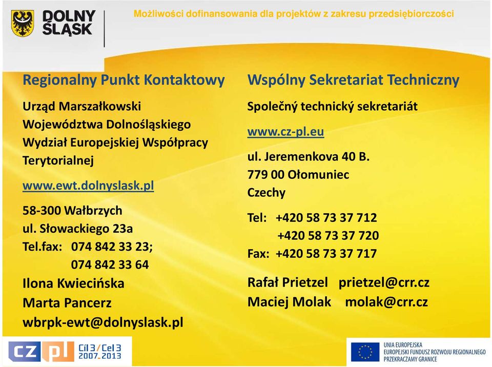 fax: 074 842 33 23; 074 842 33 64 Ilona Kwiecińska Marta Pancerz wbrpk-ewt@dolnyslask.