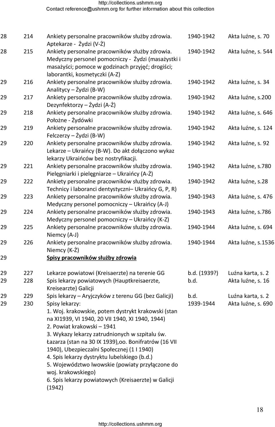 Analitycy Żydzi (B W) 29 217 Ankiety personalne pracowników służby zdrowia. Dezynfektorzy Żydzi (A Ż) 29 218 Ankiety personalne pracowników służby zdrowia.