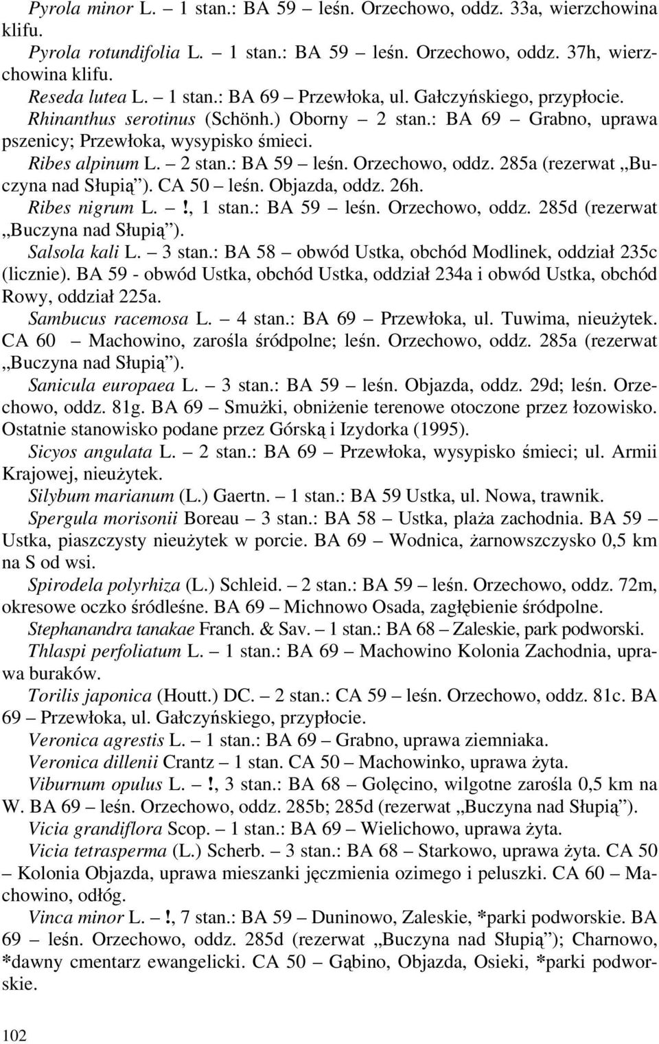 285a (rezerwat Buczyna nad Słupią ). CA 50 leśn. Objazda, oddz. 26h. Ribes nigrum L.!, 1 stan.: BA 59 leśn. Orzechowo, oddz. 285d (rezerwat Buczyna nad Słupią ). Salsola kali L. 3 stan.