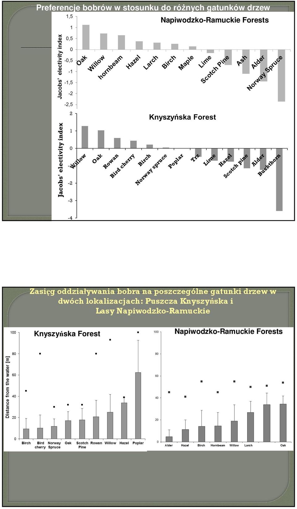 poszczególne gatunki drzew w dwóch lokalizacjach: Puszcza