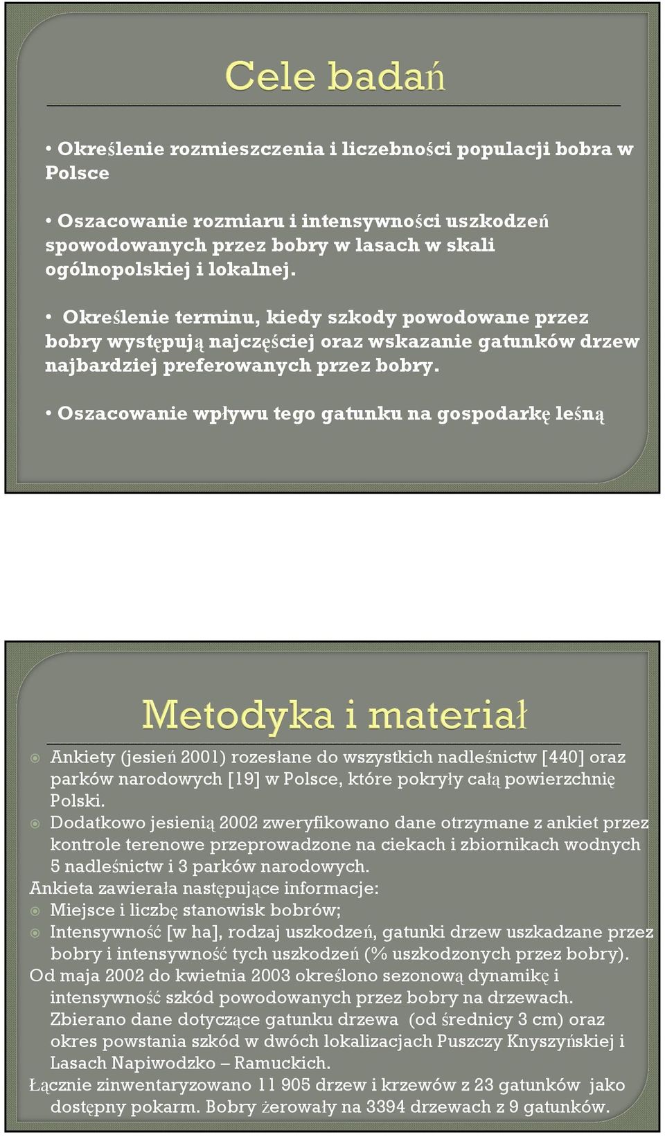 Oszacowanie wpływu tego gatunku na gospodarkę leśną Ankiety (jesień 2001) rozesłane do wszystkich nadleśnictw [440] oraz parków narodowych [19] w Polsce, które pokryły całą powierzchnię Polski.