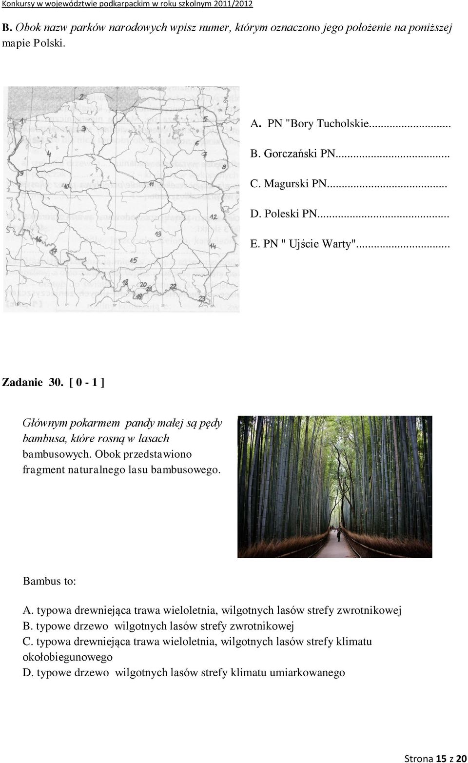 Obok przedstawiono fragment naturalnego lasu bambusowego. Bambus to: A. typowa drewniejąca trawa wieloletnia, wilgotnych lasów strefy zwrotnikowej B.