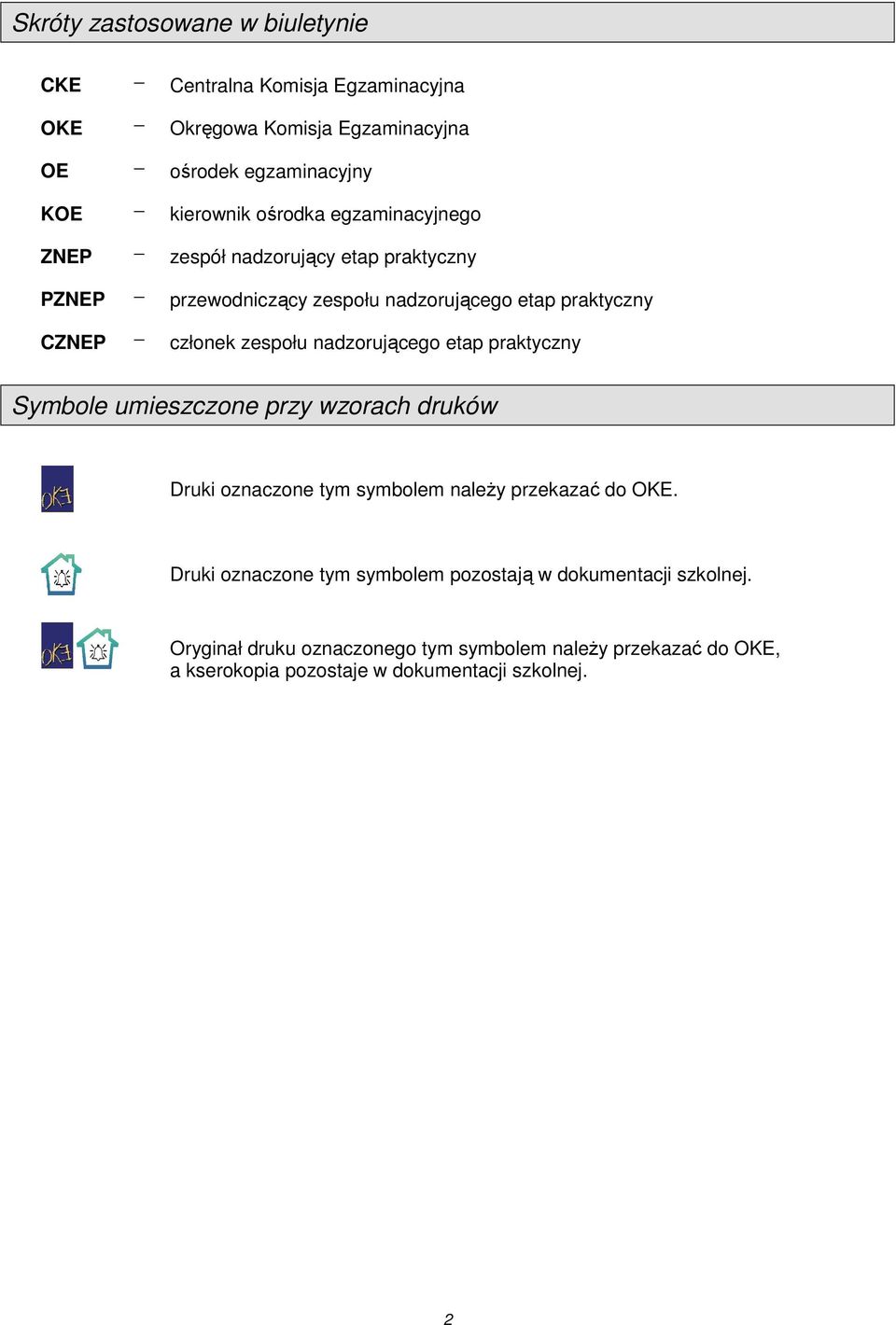 nadzorującego etap praktyczny Symbole umieszczone przy wzorach druków Druki oznaczone tym symbolem należy przekazać do OKE.