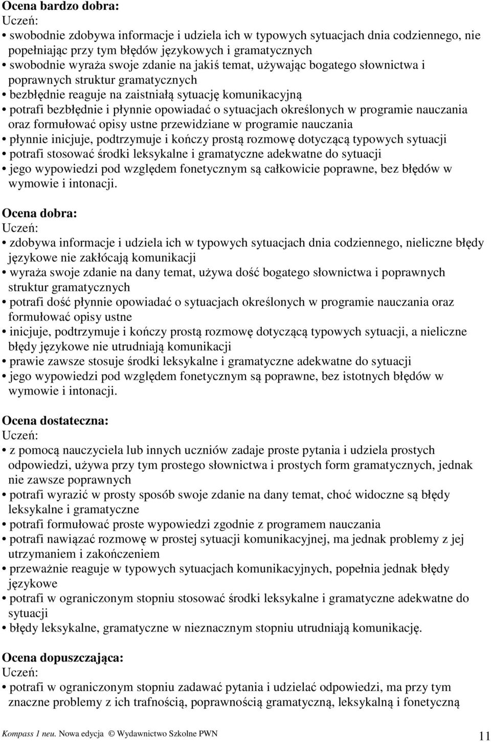 programie nauczania oraz formułować opisy ustne przewidziane w programie nauczania płynnie inicjuje, podtrzymuje i kończy prostą rozmowę dotyczącą typowych sytuacji potrafi stosować środki leksykalne