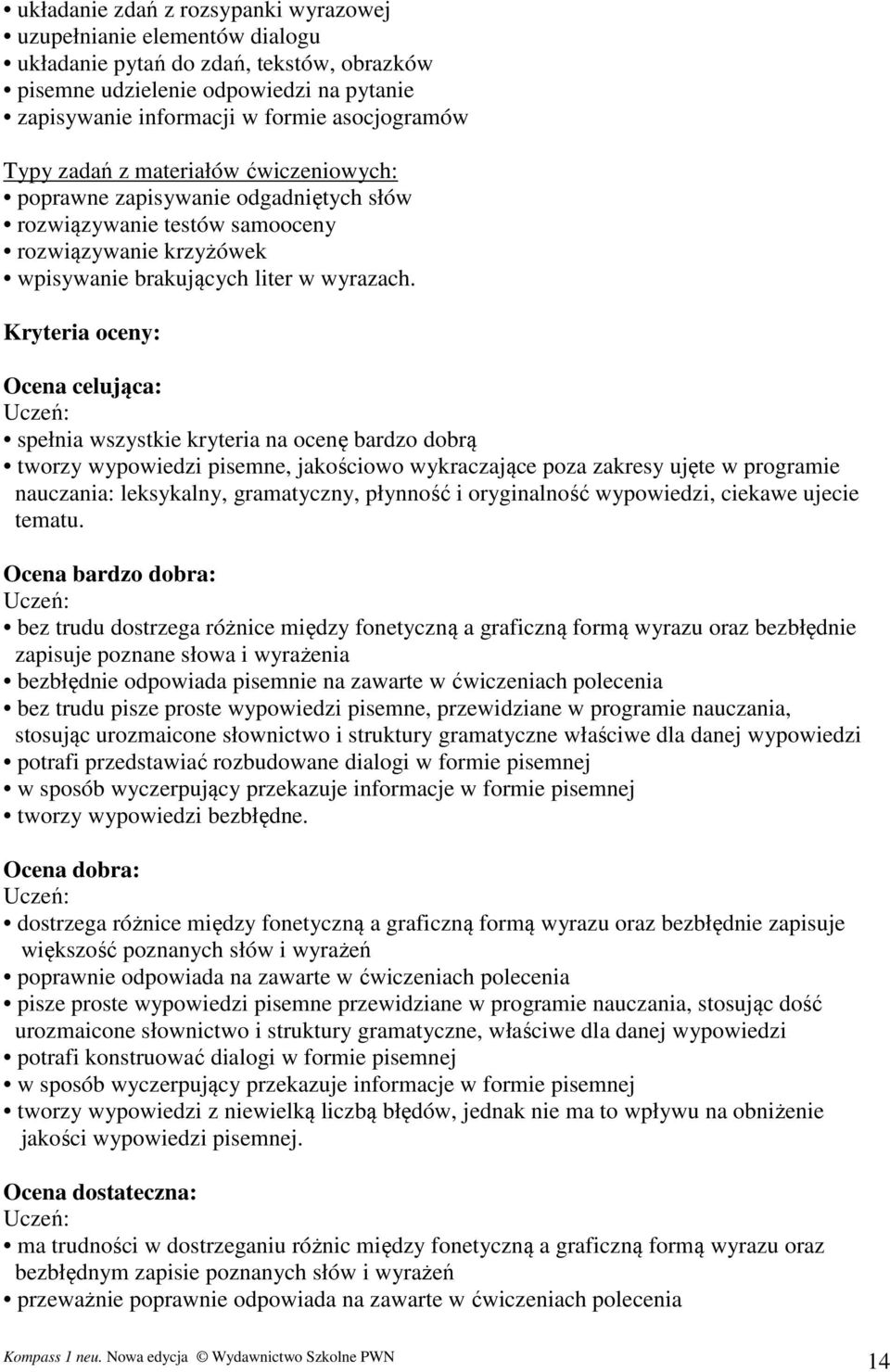 Kryteria oceny: Ocena celująca: spełnia wszystkie kryteria na ocenę bardzo dobrą tworzy wypowiedzi pisemne, jakościowo wykraczające poza zakresy ujęte w programie nauczania: leksykalny, gramatyczny,