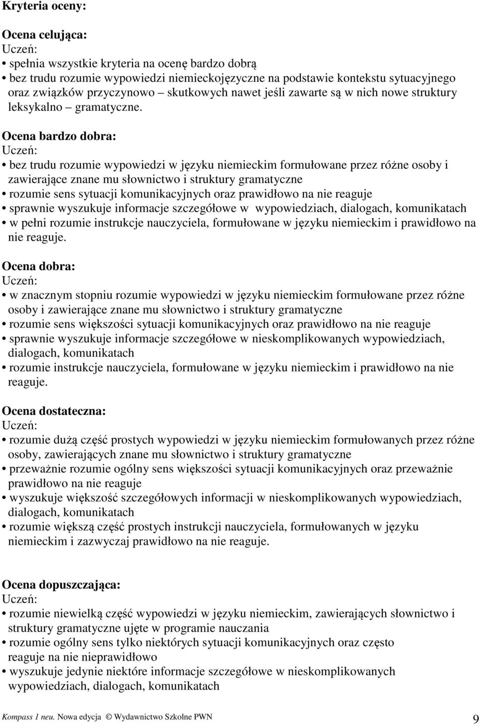 Ocena bardzo dobra: bez trudu rozumie wypowiedzi w języku niemieckim formułowane przez różne osoby i zawierające znane mu słownictwo i struktury gramatyczne rozumie sens sytuacji komunikacyjnych oraz